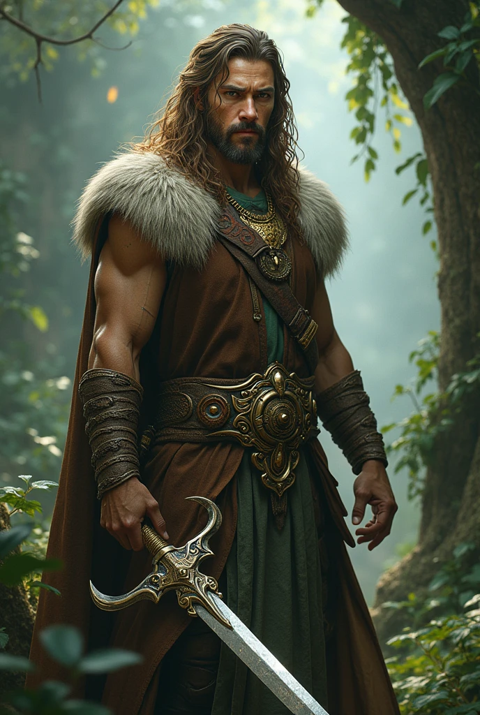 Human Druid male, 25 y/or, brown hair, Rorte augen mit sichel schwert und muskuliert
