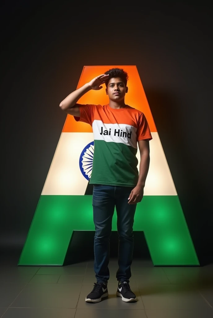 a real 16 years old Indian wearing a trigle colour dress with Text "Jai Hind" written on tshirt,he standing near a 3d big  Letter "A" is decorated by indian flag with dark background 32k ultra quality image, and he salute