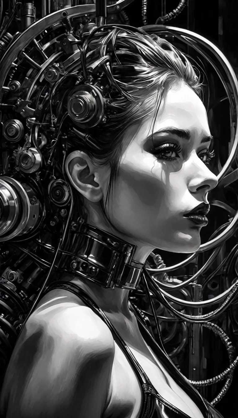 convoluted futuristic industrial machinery,eroticism, sexy, black and white image, between shadows, oil painting, chiaroscuro, sensual, dramatic lighting, moody atmosphere, photorealistic, intricate details, masterpiece, ultra-detailed, high quality, 8k, best quality, realistic, cinematic, dark and brooding, expressionistic, powerful composition, emotional impact, art inspired by Bill Sienkiewicz and dave mckean