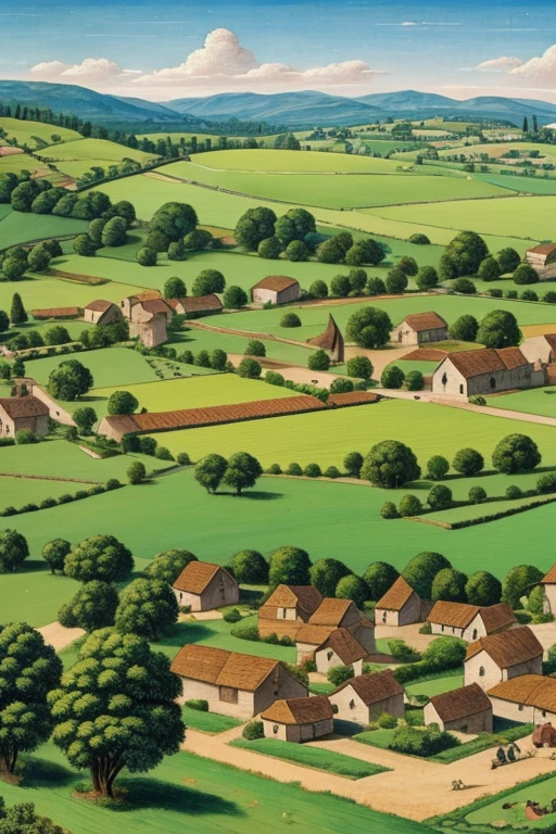 village in an open field, many happy people, fancy, medieval era, history, painting-like