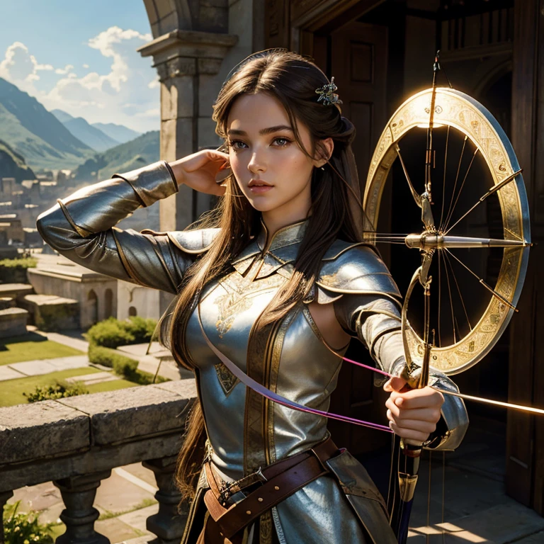 (masterpiece, best quality:1.5), highest quality, High resolution, super detailed, Realists, Full body photo of a brunette archer, detailed and beautiful eyes, beautiful detailed lips, very detailed eyes and face, longeyelashes, Archer in noble silver armor with long trousers, Edle Details im Metal. Beautiful and colorful makeup, Instructions for bow and arrow, Gardens as background, soft daylight, bright colors, fine brushstrokes, Portrait style, beautiful color palette, glowing skin, First-class rendering, that captures every detail, enchanting atmosphere, subtle shadows and lights, (perfect anatomy:1.2), (The stunning young archer with bow and arrow. (magnificent panorama view:1.2)
