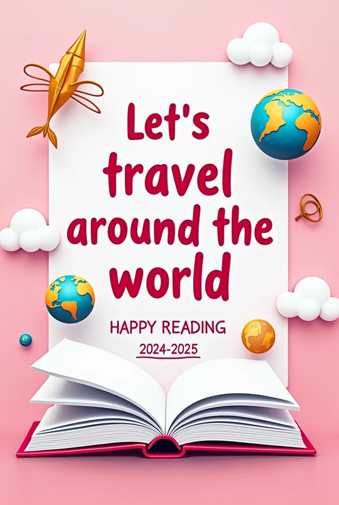Create a wide image for a giant poster with the following characteristics::
Main Text:
Centered in the middle.
content: "Let's travel around the world through reading".
Bottom text:
Below the main text.
content: "2024-2025".
Predominant colors:
Fuchsia and white.
style:
Attractive for students, Modern and youthful.
Graphic elements:
Open book illustrations, maps and globes.
Graphic details that suggest exploration, adventure and discovery