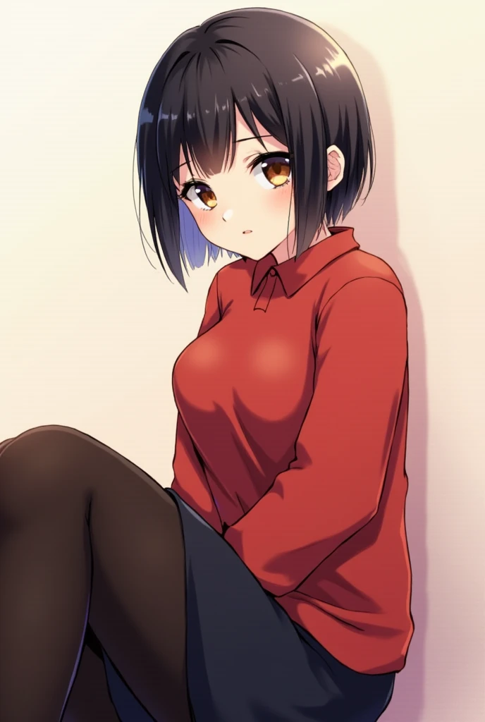 masterpiece:1.2, best quality, ((ultra detailed)), high resolution, 2d, anime style , photo, photography, detailed background, (1boy,otoko no ko, feminine),cute face,short hair,(black hair),medium chest, BREAK solo,(droopy eyes:1.3),21 years old,((brown eyes;1.2 )), beautiful thighs,embarrassed,shy, BREAK cowboy shot,sitting,wariza,oversized red shirt,black pantyhose,long skirt BREAK pastel colors:1.4, solid paint:1.2, saturated color, contour