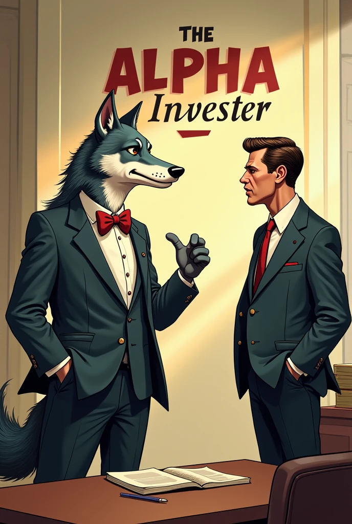 Banner of a wolf in a suit and bow tie closing a deal with an executive with the words 'Alpha Investor' in the background, Digital illustration, caricature style, inspired by Al Hirschfeld, Deviant Art, Detailed, vintage, Office lighting