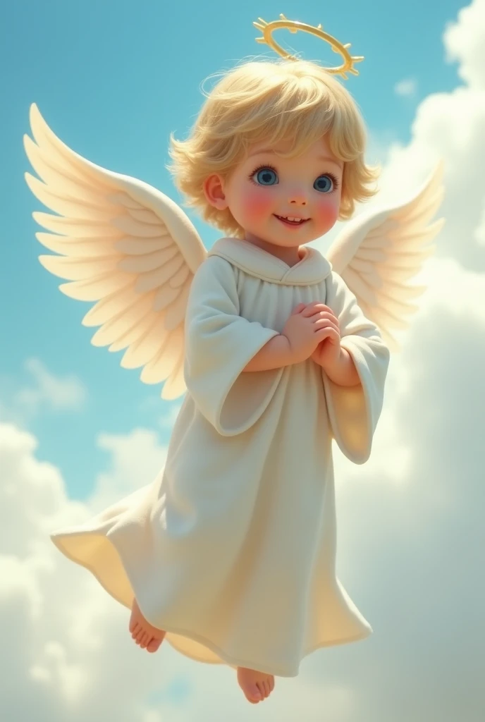 "Create an image of a guardian angel who looks like a child. The angel should have small, delicate wings with soft, shiny feathers. Dress him in a light, white robe that flows in an ethereal manner. The background could be a clear blue sky with soft clouds or a tranquil celestial landscape. The angel's expression should be innocent and welcoming, conveying a sense of protection and comfort."