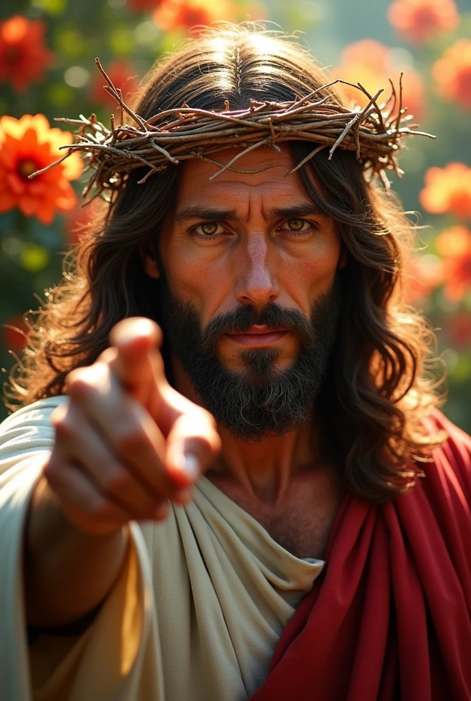 Realistic Jesus wearing a crown of thorns, looking forward, and pointing his finger, medium distance photo and well lit illuminating the face from the front, during the day and strong sunlight, floral background behind the photo