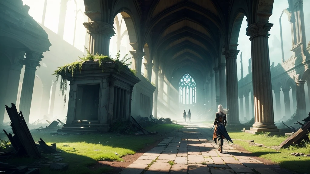 "Create a dramatic and atmospheric scene in the style of an anime/light novel, set in the depths of an ancient, abandoned elven hall within a castle. The environment should feel heavy and oppressive, with shadows filling the grand, empty corridors. Emerging from these shadows is a mysterious figure, slightly obscured but clearly determined and purposeful. The figure's footsteps echo through the empty halls, creating a sense of a powerful presence. This character, with a young appearance, white hair, and tattered clothing with green details, carries an aura of resolve and hope, symbolizing their mission to restore the fallen kingdom of Alderwood. The background should include remnants of a once-great civilization: broken columns, shattered stained glass, and overgrown vegetation hinting at a long-lost magical past. The ruins should convey both the weight of history and a sense of lingering magic. In the distance, faint glimmers of light can hint at the enchanted forests and treacherous mountains the character will eventually traverse. The overall mood should evoke both melancholy and the promise of renewal, setting the stage for an epic journey to reclaim the glory of Alderwood."