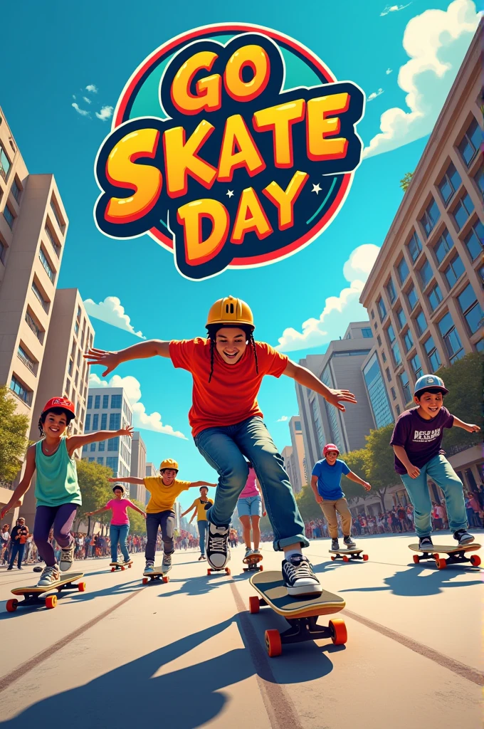 Create a poster for the Go Skate Day JG City 2024 event. A skateboarding parade through the streets. Pista de skate Praza SkatePark