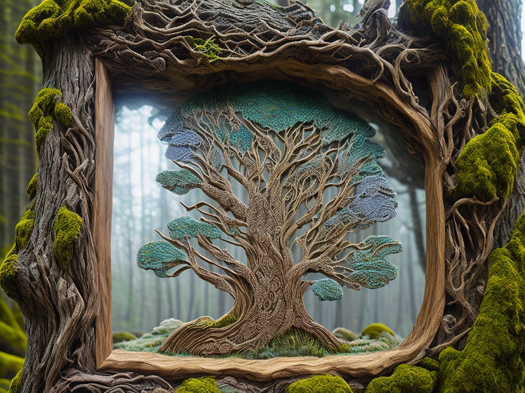punch needle style, wrapped around, textured, colorfully, ancient tree bark relief carving with intricate patterns of lichen and moss, placed inside a weathered wooden frame, rendered in photorealistic detail, surrounded by wisps of fog and subtle hints of moonlight, evoking a sense of mystical reverence, inspired by the works of environmental installation artists.