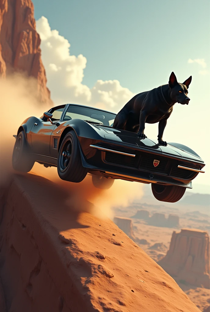 Create a car jumping off a ramp with a black dog on the hood