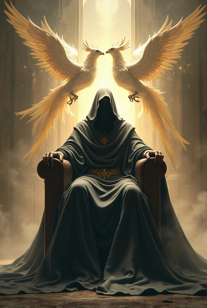 Man sitting on a throne with a veil covering his face and a robe reaching to the floor with many seraphim flying around