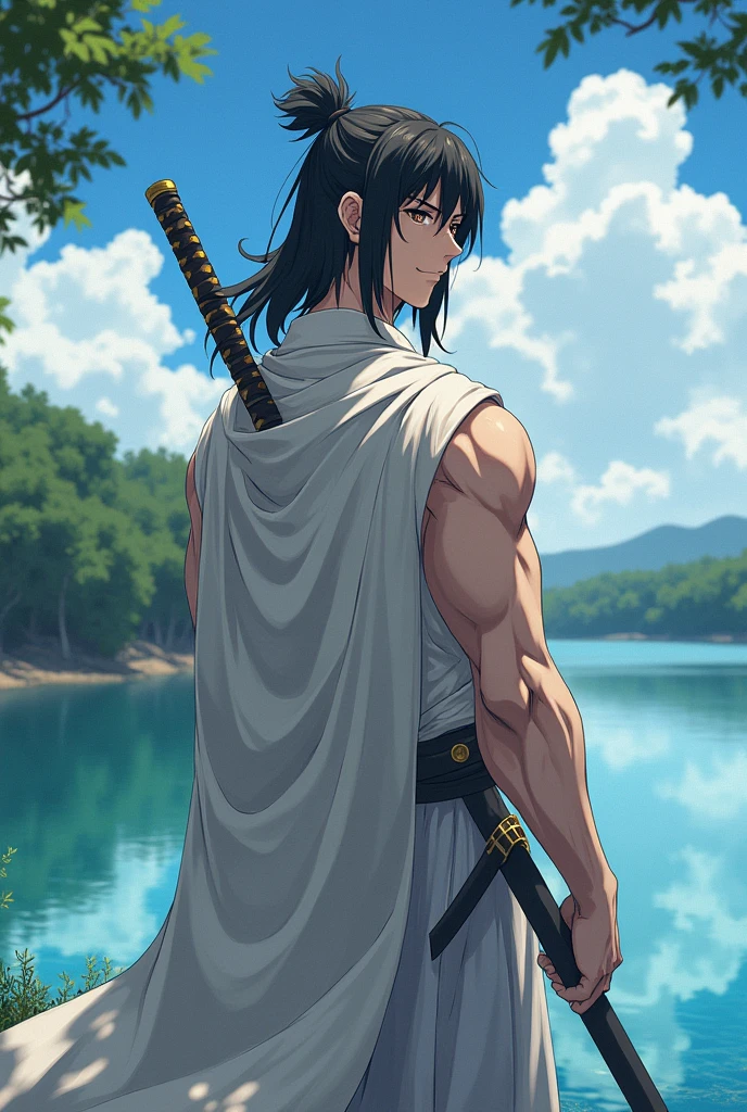 Create an image of a muscular white man with black hair with bangs and medium length tied up, brown eyes in anime style smiling from the corner with 1.80 meters wearing light clothing covering the body and a cape, holding a katana resting on his shoulder in a lake