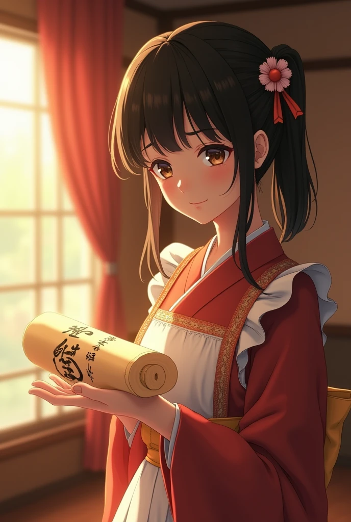 "A serene anime-inspired scene unfolds before us, infused with subtle 3D rendering hints. A young woman, skin-toned with a warm golden glow, dons a traditional Japanese maid's uniform, its intricately designed apron and ribbons framing her figure. Her raven-black hair falls in soft, velvety waves down her cheeks, and her gentle smile conveys a subtle invitation. As she bends forward in a respectful bow, her bright, sparkling eyes, a deep shade of brown, meet our gaze, as if sharing a secret. In her outstretched hand, she presents an exquisite, rolled-up piece of papyri, adorned with delicate, brush-stroked calligraphy. The words 'いらっしゃいませ' dance across the parchment in elegant, flowing script, as if written by gentle raindrops on a summer morning. Illuminated by soft, golden ambient lighting, the scene is bathed in a warm, inviting ambiance, reminiscent of Masayuki Suo's cinematic style. The camera lingers, capturing the subtle play of light on the maid's costume, casting a warm glow on her porcelain-like skin. A subtle focus on the papyri's texture and the maid's delicate fingers creates a sense of tactile realism. The film grain is minimal, with a slight warm bias giving the image a cozy, nostalgic feel. The color grading is rich, with muted earth tones balanced by the subtle pop of the maid's uniform's bright accents. The overall effect is a serene, mesmerizing scene, beckoning us to step into this whimsical world of traditional elegance."