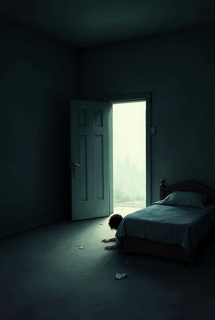 Drawing of an empty room where you can only see the door, I want it dark,Now I want you to make a bed far from the door and position it with the head facing the wall on the left side and the bed should be far from the door but on the same line as the door., the door must be open and the light from outside must enter the room, now make a boy under the bed and scared