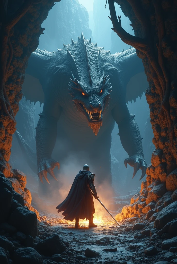 fighting a dragon, a knight in a dark cave, dramatic chiaroscuro, ultra-detailed, realistic, high resolution, sharp focus, vivid colors, kingdom's delight, horror