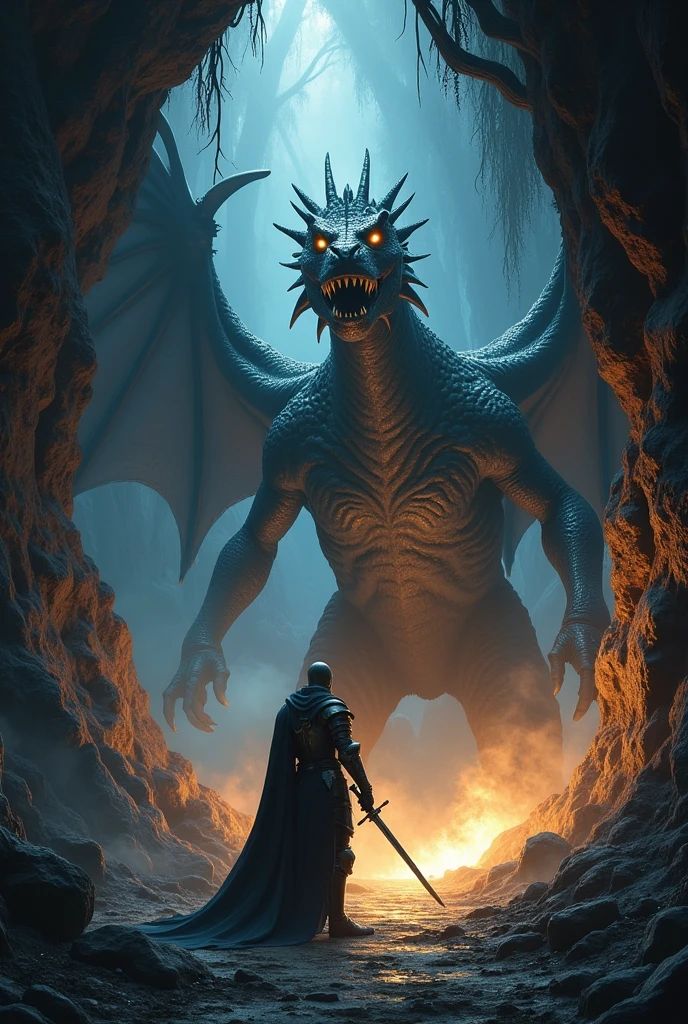 fighting a dragon, a knight in a dark cave, dramatic chiaroscuro, ultra-detailed, realistic, high resolution, sharp focus, vivid colors, kingdom's delight, horror