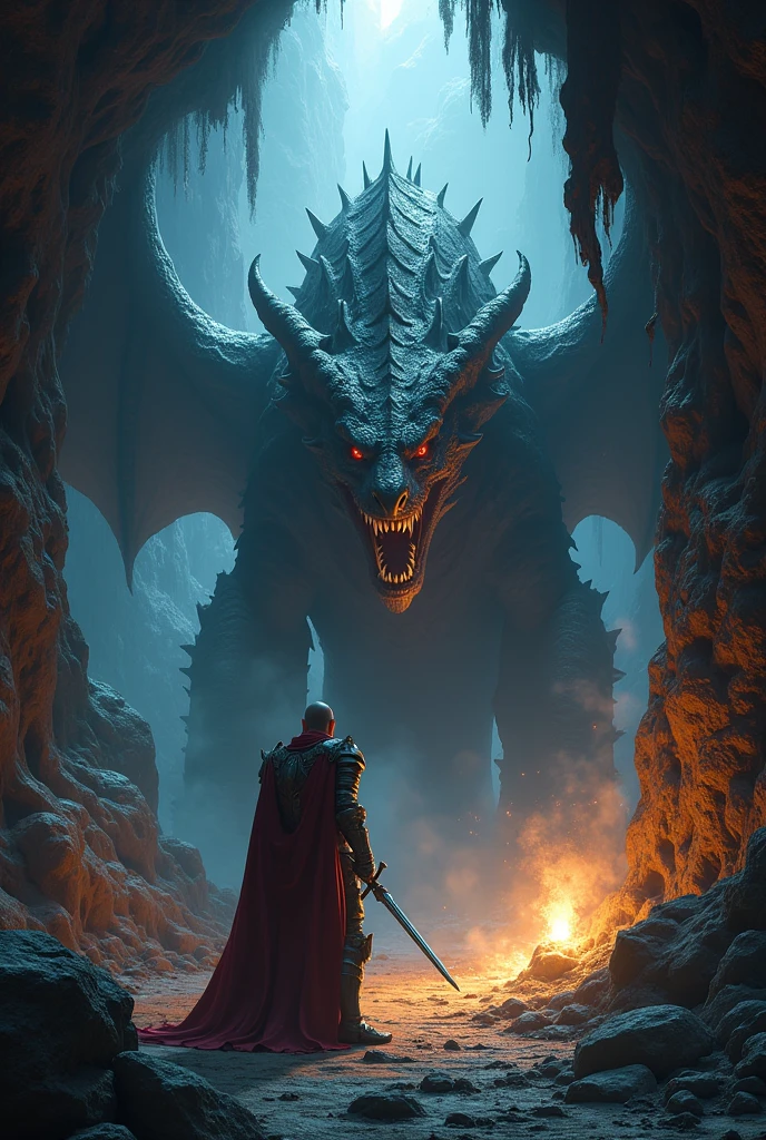 fighting a dragon, a knight in a dark cave, dramatic chiaroscuro, ultra-detailed, realistic, high resolution, sharp focus, vivid colors, kingdom's delight, horror