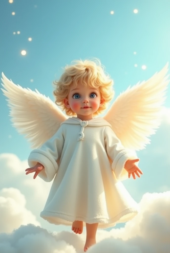 "Create an image of a guardian angel who looks like a child. The angel should have small, delicate wings with soft, shiny feathers. Dress him in a light, white robe that flows in an ethereal manner. The background could be a clear blue sky with soft clouds or a tranquil celestial landscape. The angel's expression should be innocent and welcoming, conveying a sense of protection and comfort."