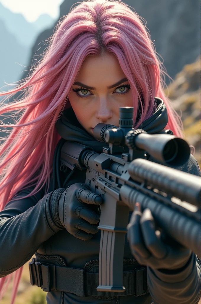 Create a 29 year old human girl, with long pink hair, holding a sniper gun in hand and aiming,