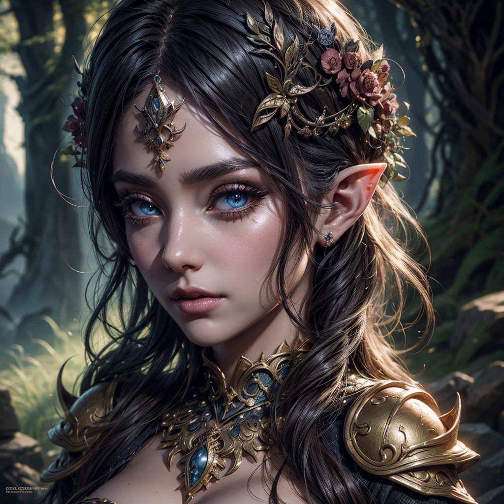 a beautiful detailed fantasy elf girl, large eyes, long eyelashes, detailed face, flawless skin, intricate hairstyle, fantasy outfit, highly detailed, 8k, photorealistic, cinematic lighting, dramatic colors, digital painting, concept art style