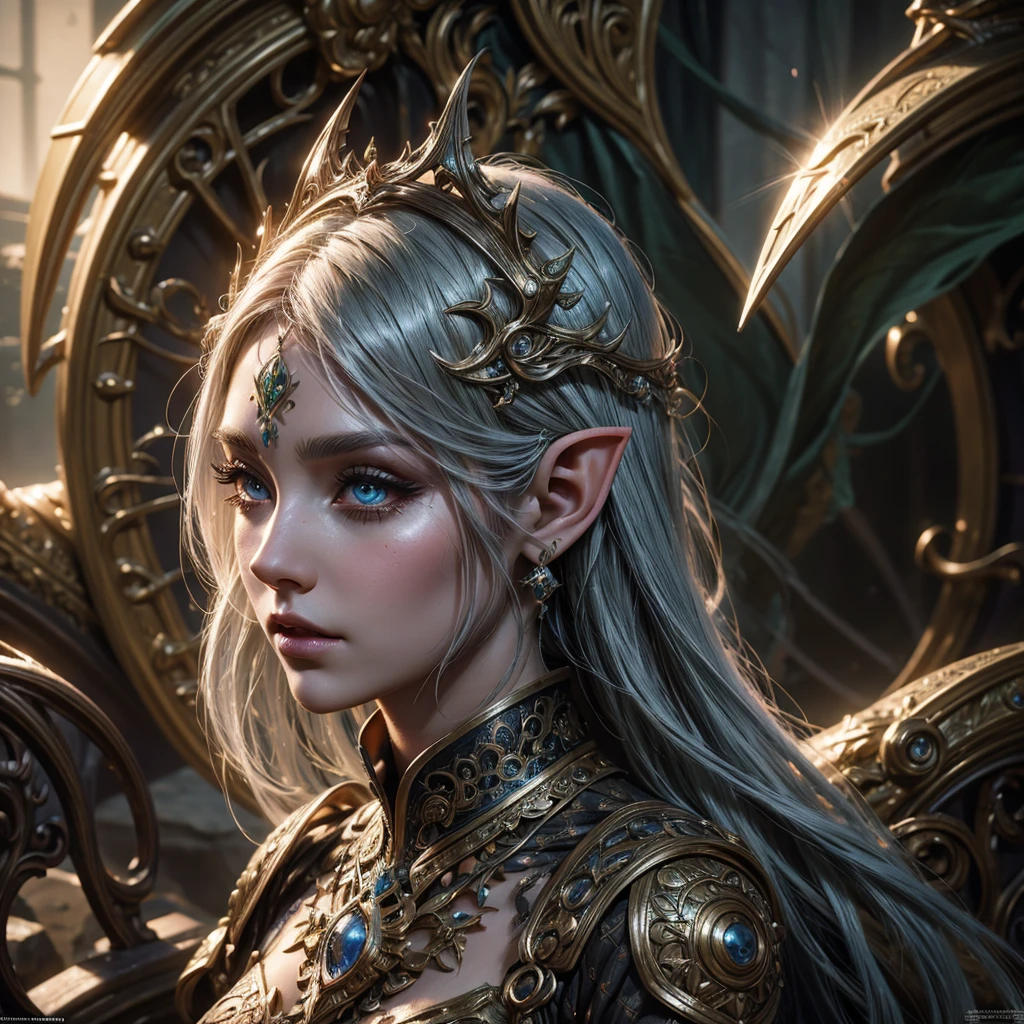 a beautiful detailed fantasy elf girl, large eyes, long eyelashes, detailed face, flawless skin, intricate hairstyle, fantasy outfit, highly detailed, 8k, photorealistic, cinematic lighting, dramatic colors, digital painting, concept art style