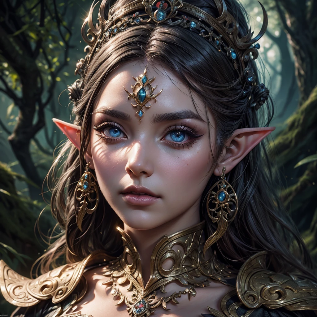 a beautiful detailed fantasy elf girl, large eyes, long eyelashes, detailed face, flawless skin, intricate hairstyle, fantasy outfit, highly detailed, 8k, photorealistic, cinematic lighting, dramatic colors, digital painting, concept art style