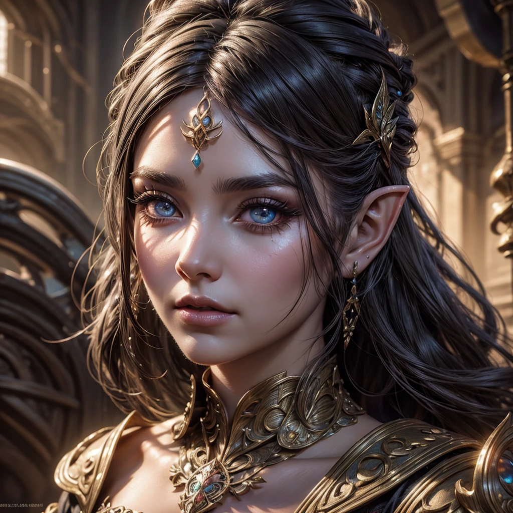 a beautiful detailed fantasy elf girl, large eyes, long eyelashes, detailed face, flawless skin, intricate hairstyle, fantasy outfit, highly detailed, 8k, photorealistic, cinematic lighting, dramatic colors, digital painting, concept art style