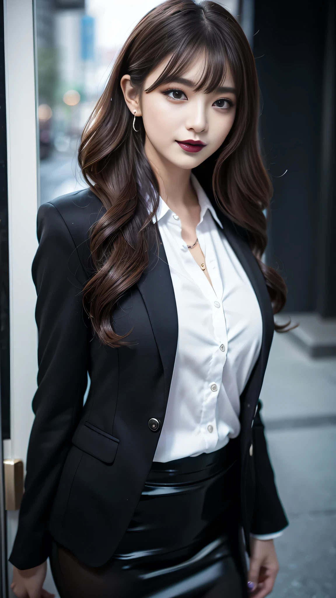 best quality、ultra-detailed、8k、Japanese、Seductive beauty、seductive adult woman、Pretty Woman、cool girl、smirk、Wicked Smile、Villainess、brainwash makeup、brainwash、Fallen into evil、Evil look、evil、Brown hair、wavy hair、swept bangs、dark makeup、piercing eyes、hollow eyes,half-closed eyes、Hollow Eyes、purple Eyeshadow、black lipstick、black lipglos、Purple Eyeshadow、black lipstick、black lip gloss、Dark Makeup、smirk、Whisper in my ear、business suit、black Jacket、white blouse、ribbon、flare skirt、pantyhose、night、inside darkroom、Kiss、I have lipstick、Are standing、Look、Offer、shoot from below、
