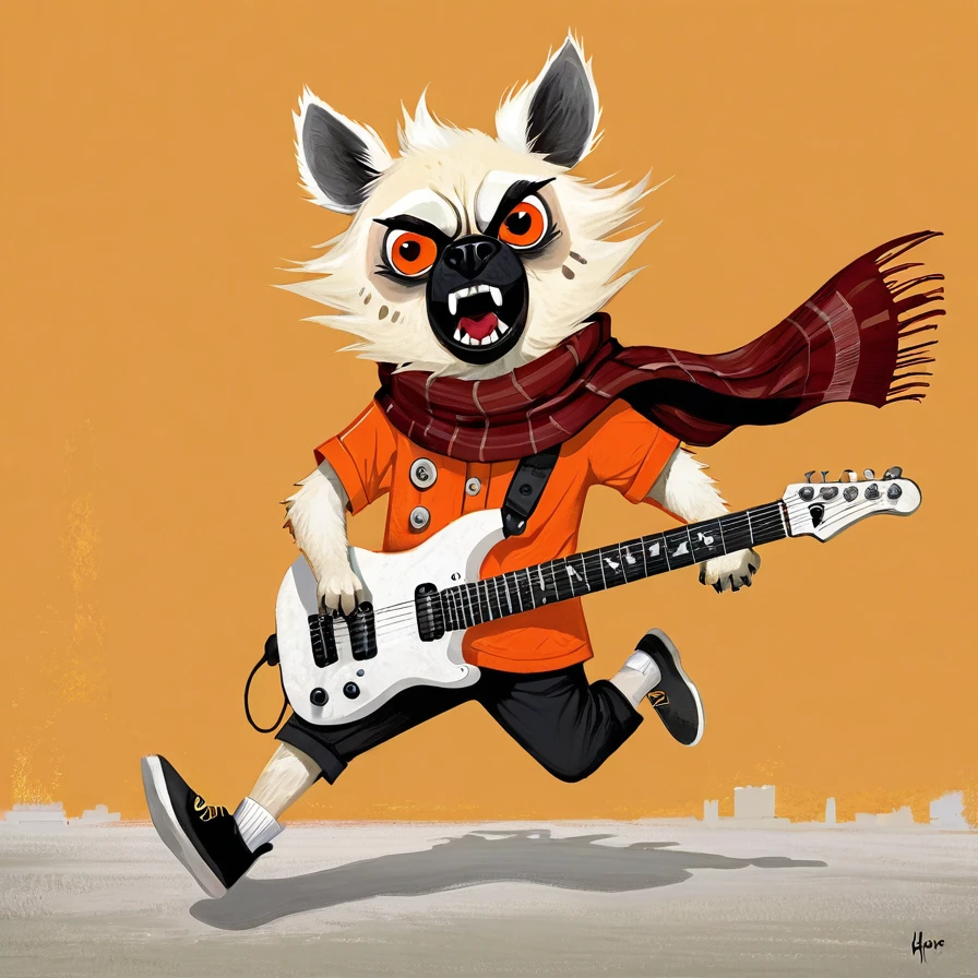White Tanuki Hyena, Circle Eye, Red Pupil, Pug Mouth, Black beanie, red scarf, shirt, orange shirt, collared shirt, buttons, angry and frown, looking at viewer, holding Electric Guitar, running, New York City, art by Guillaume Singlin and John Patrick Green