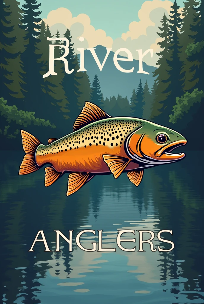 I need a logo without colors where the name River Anglers appears and a beautiful brown trout crossing the name