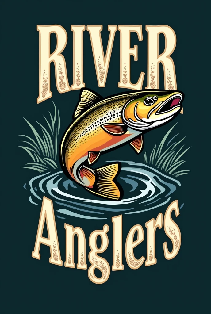 I need a logo without colors where the name River Anglers appears and a beautiful brown trout crossing the name 