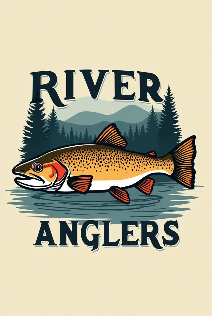 I need a logo without colors where the name River Anglers appears and a beautiful brown trout crossing the name