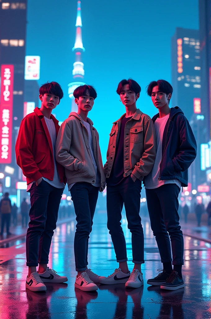 create an image of a Jpop group with only 4 men.Standing showing full body against a background of Tokyo buildings in neon blue colors wearing comfortable clothes 