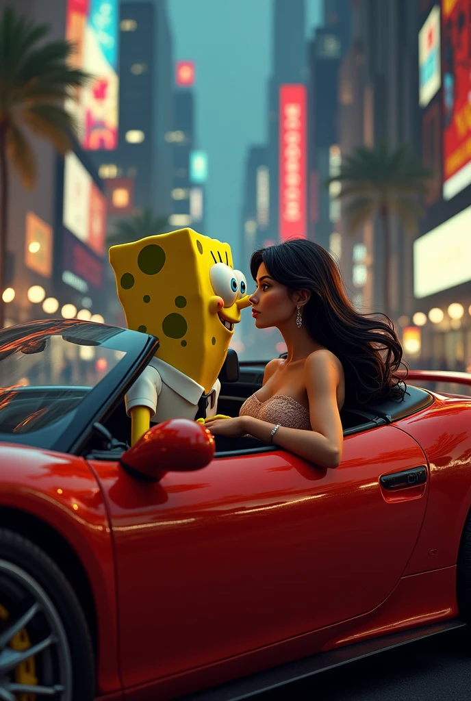 Spongebob in a luxury car with a sensual and pretty girl about to kiss him