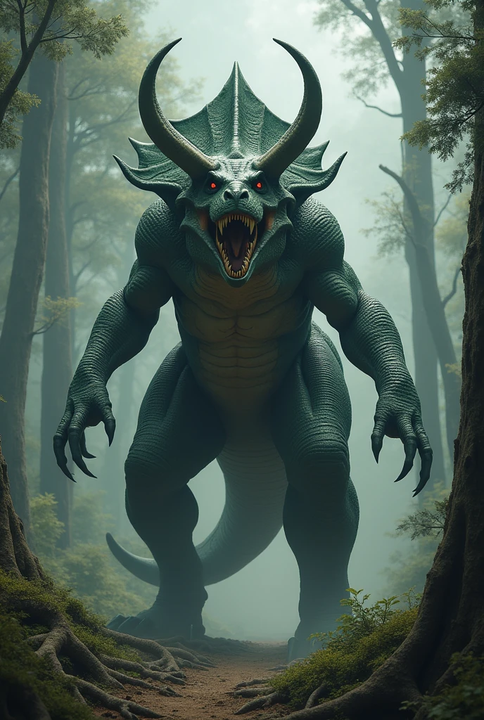 I want a half trex half triceratops creature with long strong arms, Your main colors should be dark green and black