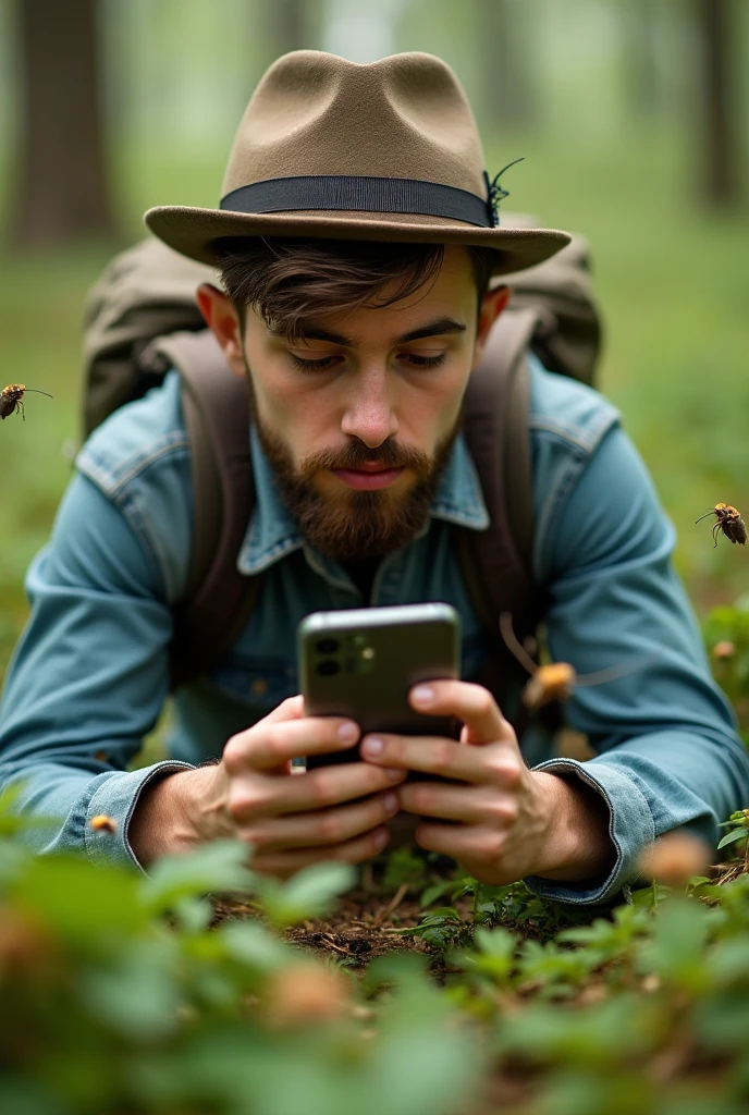 A french cut beard boy taking photos of bugs in nature by mobile.