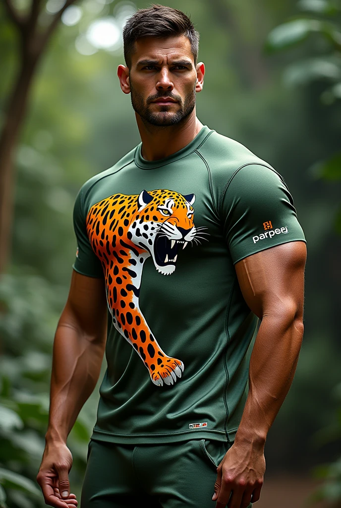 Athletic body uniform in moss green and white colors, jaguar painted all orange camouflaging itself with the shirt with its mouth open on the lower left side of the shirt 