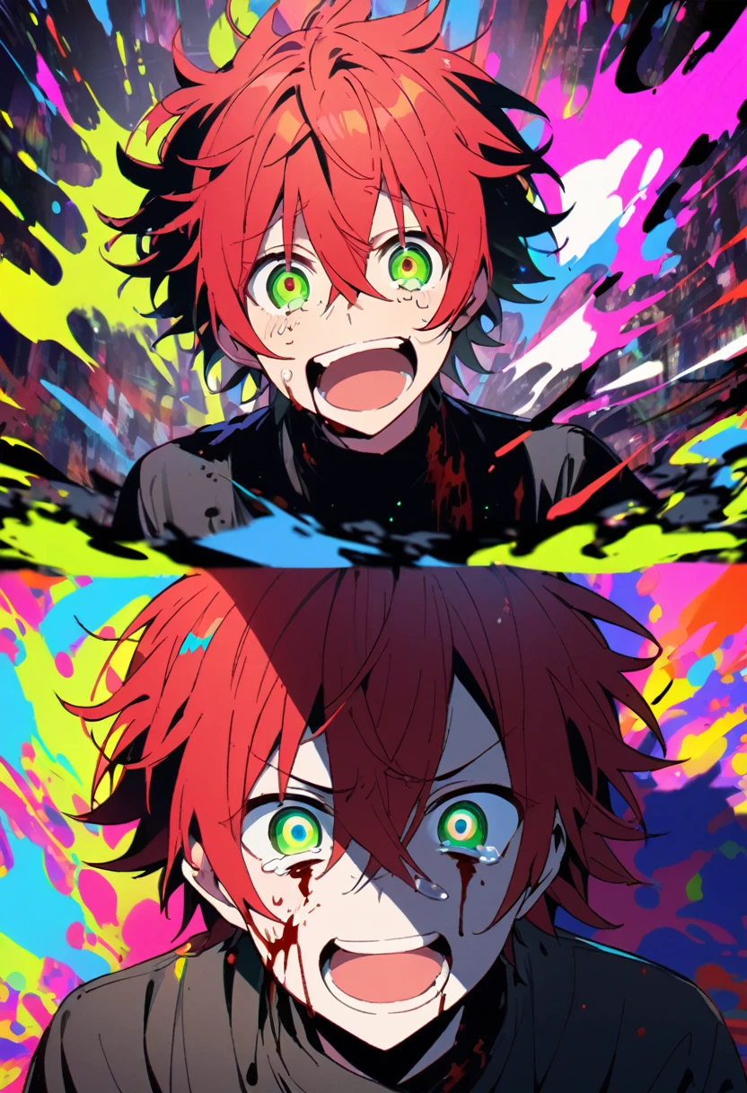 High resolution、Anime boy with red hair and green eyes looking at the camera.、bright Eyes、Wear black clothes、colorful background、my hair is messy、Shadow body、bleeding、blood splash、dying、Laugh、cry