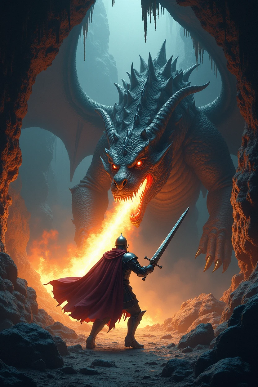 Knight Ivan, Fighting the dragon, In a dark cave, masterpiece:1.2, ultra detailed, realistic:1.37, Sharp Focus, bright colors, hips, Dramatic chiaroscuro, Horror, Kingdom's Delight
