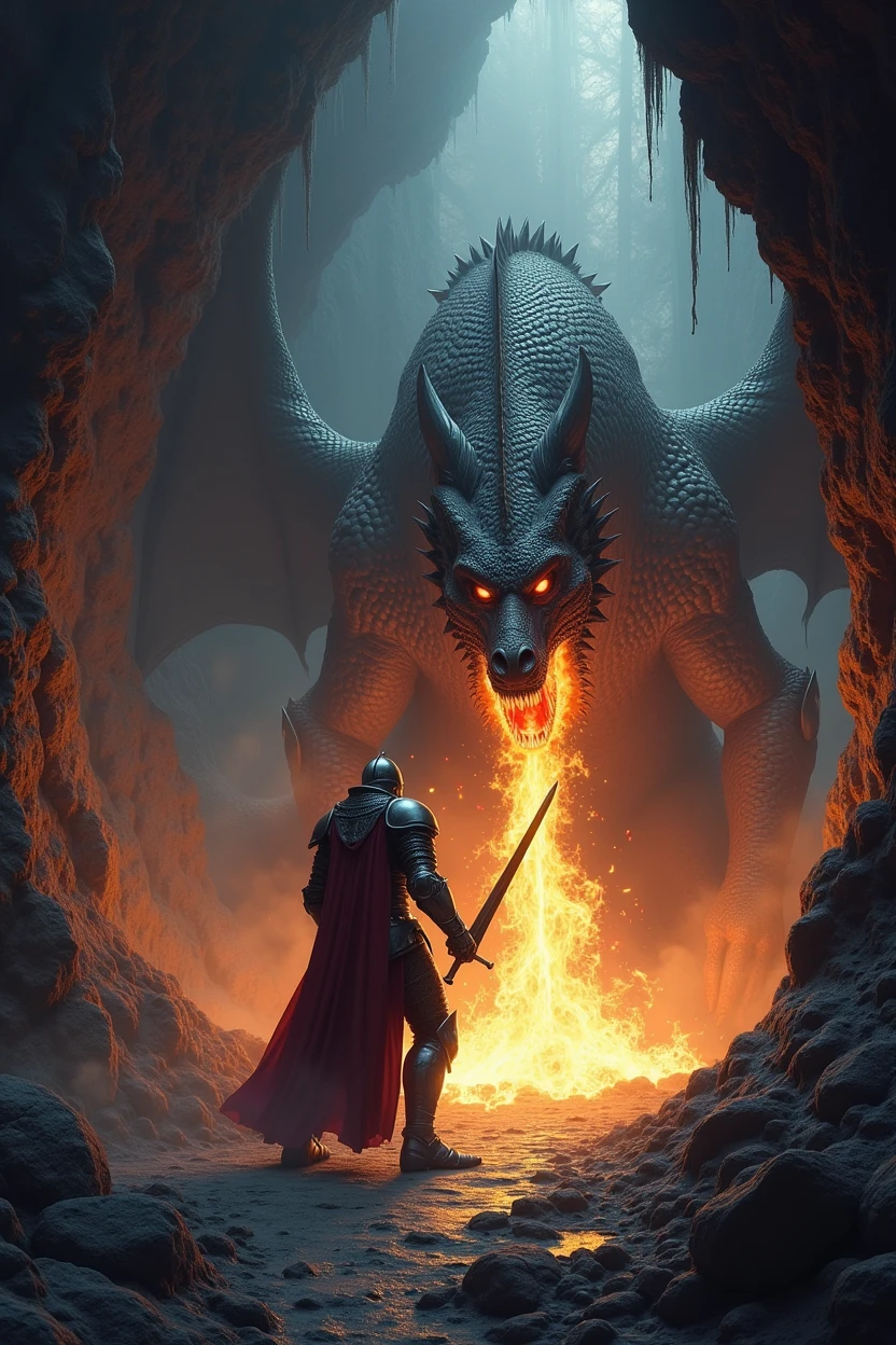 Knight Ivan, Fighting the dragon, In a dark cave, masterpiece:1.2, ultra detailed, realistic:1.37, Sharp Focus, bright colors, hips, Dramatic chiaroscuro, Horror, Kingdom's Delight