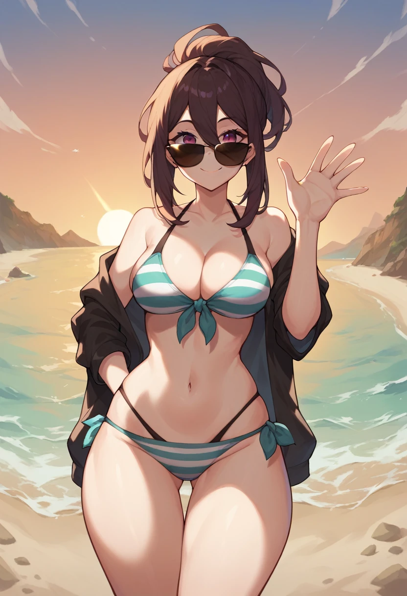 score_9, score_8_up, score_7_up, kafka, sidelocks, hair between eyes, sunglasses, tinted eyewear, wide hips, breasts, cleavage, looking at viewer, beach, light smile, waving, striped bikini, sunset,
