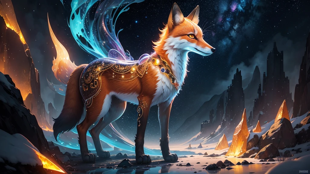 A stunningly detailed and photorealistic digital illustration of a fragile, translucent glass fox with iridescent amber hues. Thecrystalized fur is intricately adorned with filigree patterns, creating a mesmerizing texture. The fox emits a soft glowing bioluminescence, and its shimmering, sparkling coat is in extreme contrast and saturation against the starry night background. The enchanting fantasy artwork is set against a dramatic, high dynamic range (HDR) sky, showcasing the extreme contrast and vivid colors. The overall composition follows the rule of thirds, with the fox positioned at the intersection point, creating a visually stunning and dramatic scene.