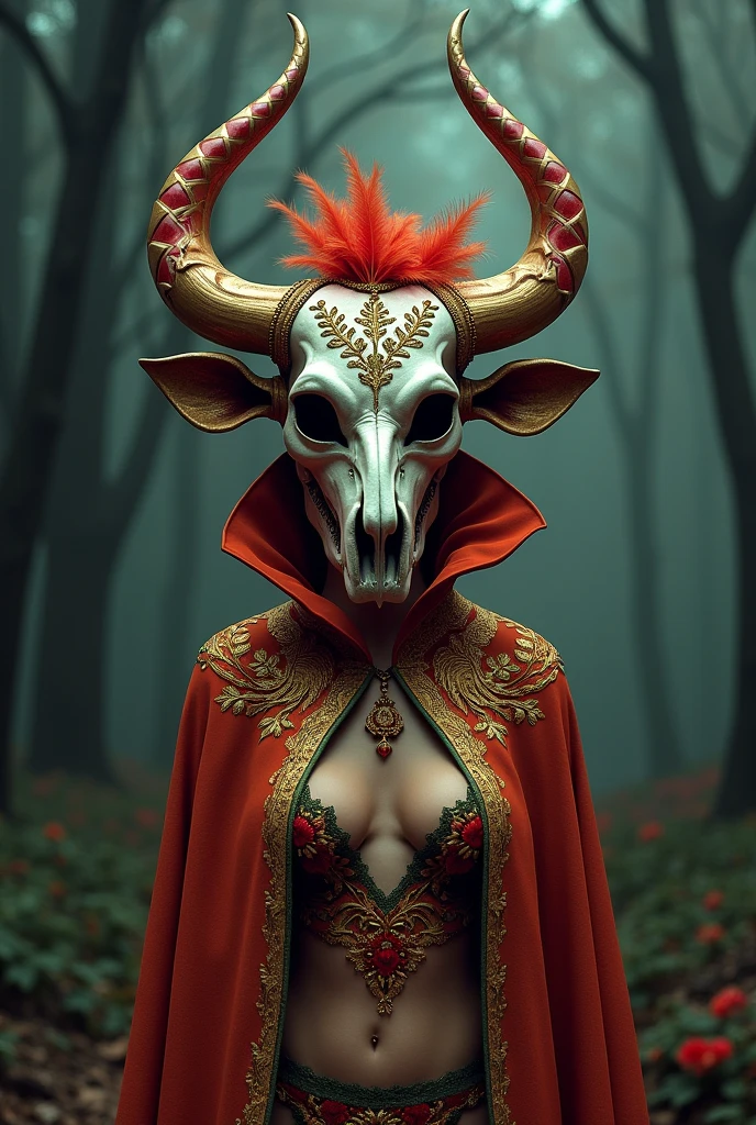 (Centerpiece : 1.2), Retro Mysterious, of mesmerizing beauty, Colorful Detailed Skeleton Golden Ox Skull Mask, longue cape fluide, gold-embroidered designs, plumes, soie, Drape, Small Etam Style Embroidered Lingerie, dimly lit, Gloomy lighting, Forest décor