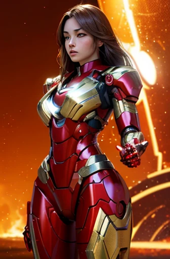 a hot female version of Iron Man, a Marvel character, detailed facial features, beautiful woman, metallic red and gold armor, glowing energy effects, cinematic lighting, photo-realistic, highly detailed, 8k, best quality, intricate machinery, dynamic pose, cinematic atmosphere, dramatic shadows, warm color palette, extremely large breasts, cuerpo entero, enormes tetas xxl, enorme culo, toma de cuerpo completo