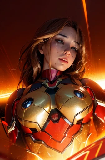 a hot female version of Iron Man, a Marvel character, detailed facial features, beautiful woman, metallic red and gold armor, glowing energy effects, cinematic lighting, photo-realistic, highly detailed, 8k, best quality, intricate machinery, dynamic pose, cinematic atmosphere, dramatic shadows, warm color palette, extremely large breasts, cuerpo entero, enormes tetas xxl, enorme culo, toma de cuerpo completo