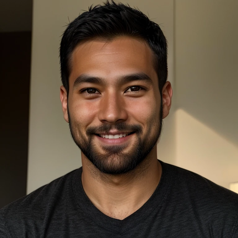 realistic face non-asian color, handsome 25 year old man, black hair, short hair, not so dark skin, light eyes, staring at the camera smiling, with beard