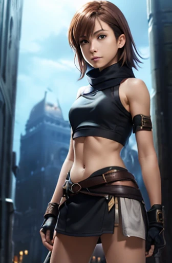 A happy young Misaka Mikoto as a female rogue  in a fantasy setting. A rogue. Tomboyish. Slim body. Very . Very small breasts. Narrow hips. Slender legs. Face: Soft narrow face with a round chin. Soft small jaw. Very thin eyebrows. big dark-brown eyes. Dark-brown eyecolour. Very short dark-brown hair. Rogue armor (bare arms, bare shoulders, bare legs). Background:  In a capital city at night with beautiful light and dark contrast. 