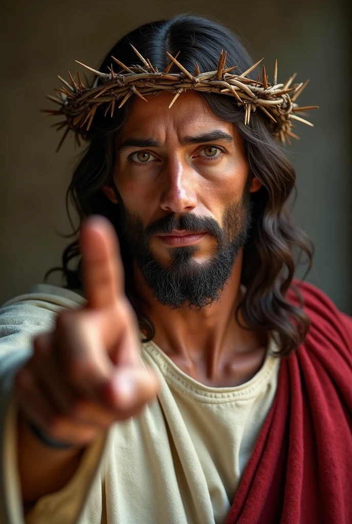 A highly realistic portrayal of Jesus, centered in the frame, wearing a crown of thorns. He is looking directly forward, with a natural expression, and pointing his finger towards the viewer. The image is captured in stunning 4K resolution with high detail,  for a long shot that emphasizes his full figure. The scene is illuminated by natural light, highlighting the fine details of his face and clothing, studio lighting, foto de média distância 