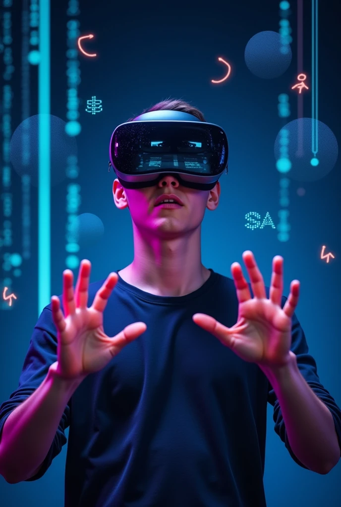Create an image featuring a young person with a gender-neutral appearance, centered in the frame, wearing a sleek and modern pair of virtual reality (VR) goggles. The person should be slightly leaning forward, with an expression of fascination and deep immersion. Their hands should be raised in front of their body, as if they are interacting with an invisible virtual environment, manipulating digital objects.
The background should be predominantly dark to match a modern, tech-savvy aesthetic, but illuminated by streams of blue and purple light emanating from the VR headset. This lighting should create a high-tech, futuristic atmosphere. Surround the person with floating lines of code, 3D graphics, and semi-transparent digital symbols to suggest they are shaping or navigating a digital world.
Reflections of these digital elements should be visible in the VR goggles to emphasize the immersion. The composition should be dynamic, with a slightly tilted angle to add movement and energy, conveying a sense of innovation and digital transformation.