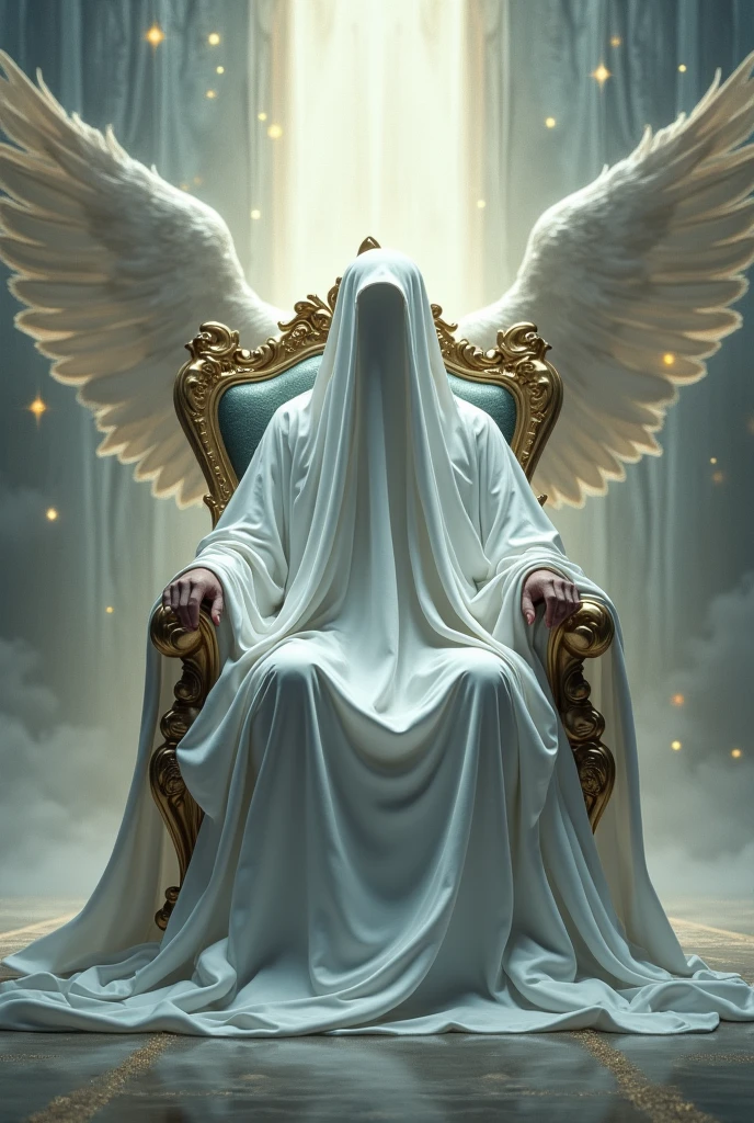 Man sitting on a throne with a veil covering his face and a white robe reaching the floor with many seraphim flying around